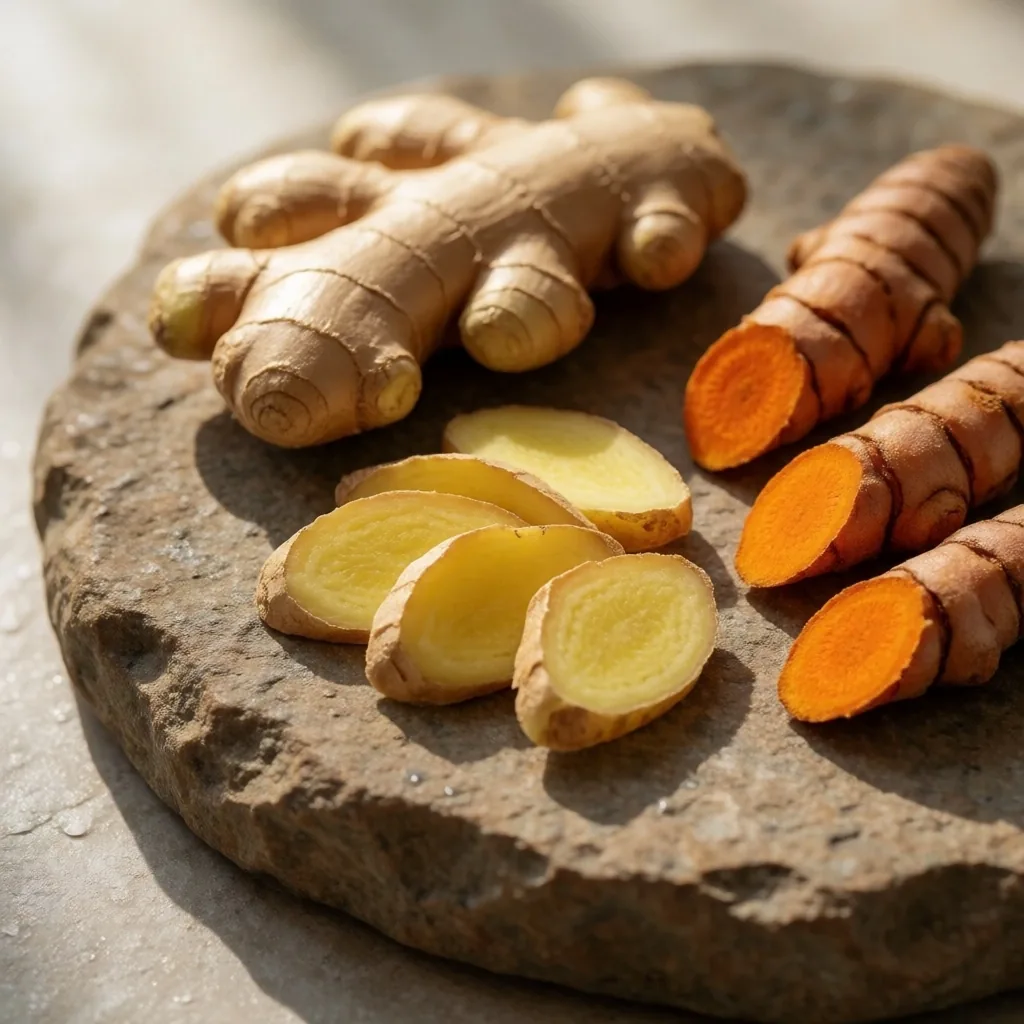 Fresh turmeric root and ginseng on a warm vellum surface